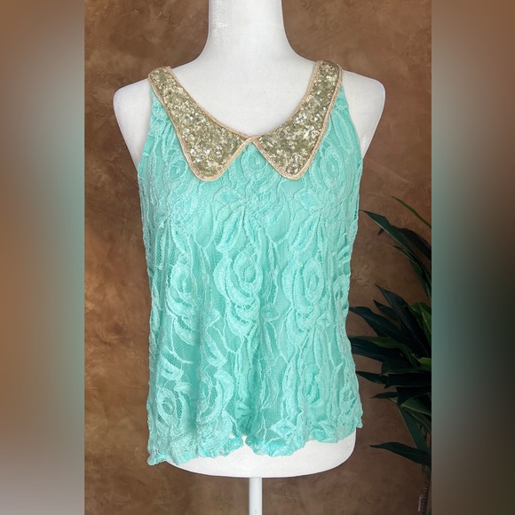 Daytrip Tops - Daytrip Teal sheer sleeveless gold collar top sz Medium